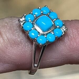 JTV Iron Silver Ring. Sleeping Beauty Turquoise. 2 faux diamonds. Boho Western